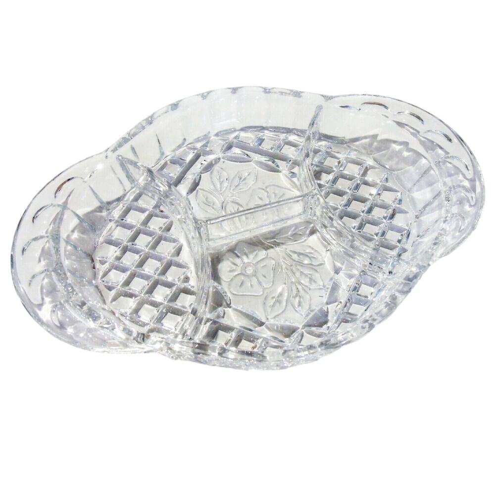 Diamond Cut Divided Dish Glass Serving Platter Plate Dogwood Flower Oval Vintage